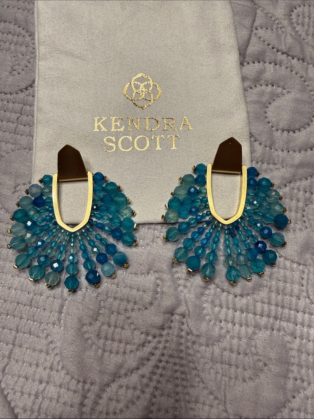 Kendra Scott Blue Teal Fan Drop Earrings with Gold Accents